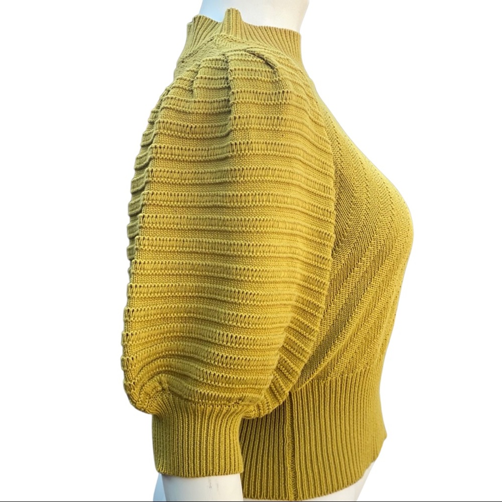 HAPPY NATURE GREEN PUFFY SLEEVED RIBBED CROP SWEATER